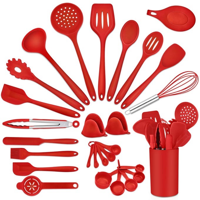 PP CHEF KITCHEN UTENSILS SILICONE COOKING UTENSIL SET 28PCS BAKING UTENSILS SPATULAS WITH HOLDER HEATRESISTANT NON TOXIC NONSTICK DISHWASHER SAFE RED