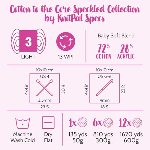 KnitPal Cotton to The Core Speckled Soft Baby Yarn for Crocheting, 6-Pack (810Yds / 300G), Free Patterns - Size 3 DK Light Worsted Weight Cotton Yarn for Knitting - Misty Sky - Image 4