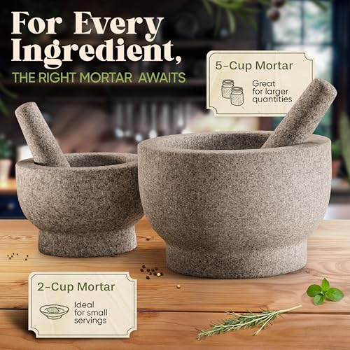 ChefSofi Extra Large 8 Inch 5 Cup-Capacity Mortar and Pestle Set - Black Polished Exterior - One Huge Mortar and Two Pestels: 8.5 inch and 6.5 inch - Image 4