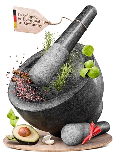 ChefSofi Extra Large 8 Inch 5 Cup-Capacity Mortar and Pestle Set - Black Polished Exterior - One Huge Mortar and Two Pestels: 8.5 inch and 6.5 inch - Image 1
