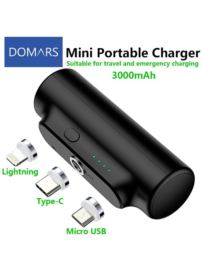 Domars 3000mAh Wireless Magnetic Charging Head Mini Portable Charger, 60g Ultra-Compact Fast Charging Power Bank with Interchangeable Connectors (Lightning/Micro USB/Type-C), Pocket-Sized Emergency Phone Charger for iPhone, Android & USB-C Devices（Black） - Image 1