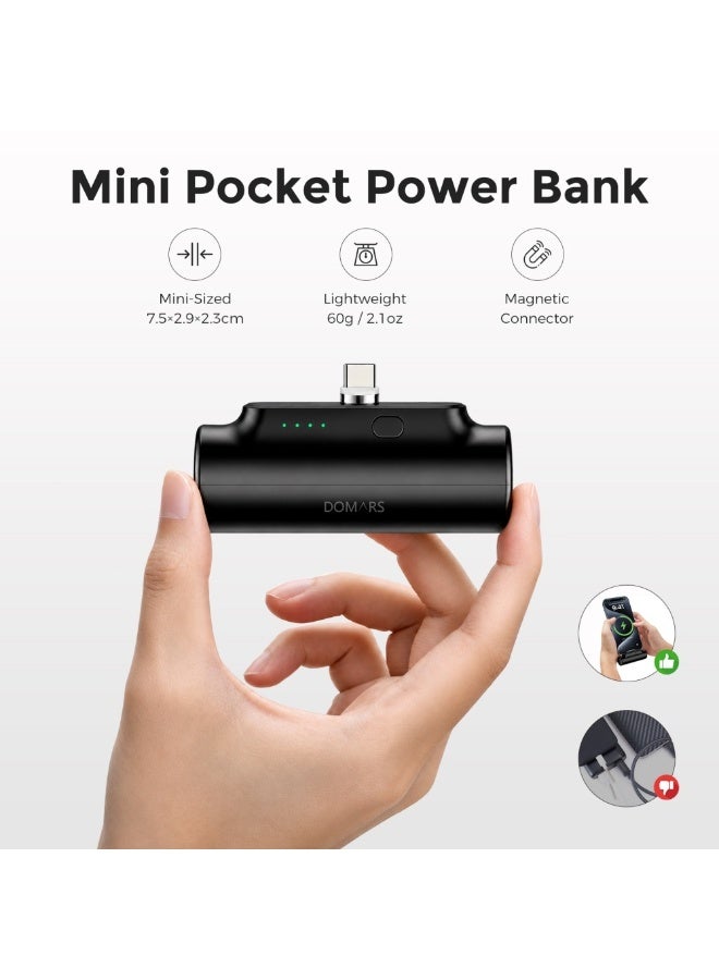 Domars 3000mAh Wireless Magnetic Charging Head Mini Portable Charger, 60g Ultra-Compact Fast Charging Power Bank with Interchangeable Connectors (Lightning/Micro USB/Type-C), Pocket-Sized Emergency Phone Charger for iPhone, Android & USB-C Devices（Black） - Image 3