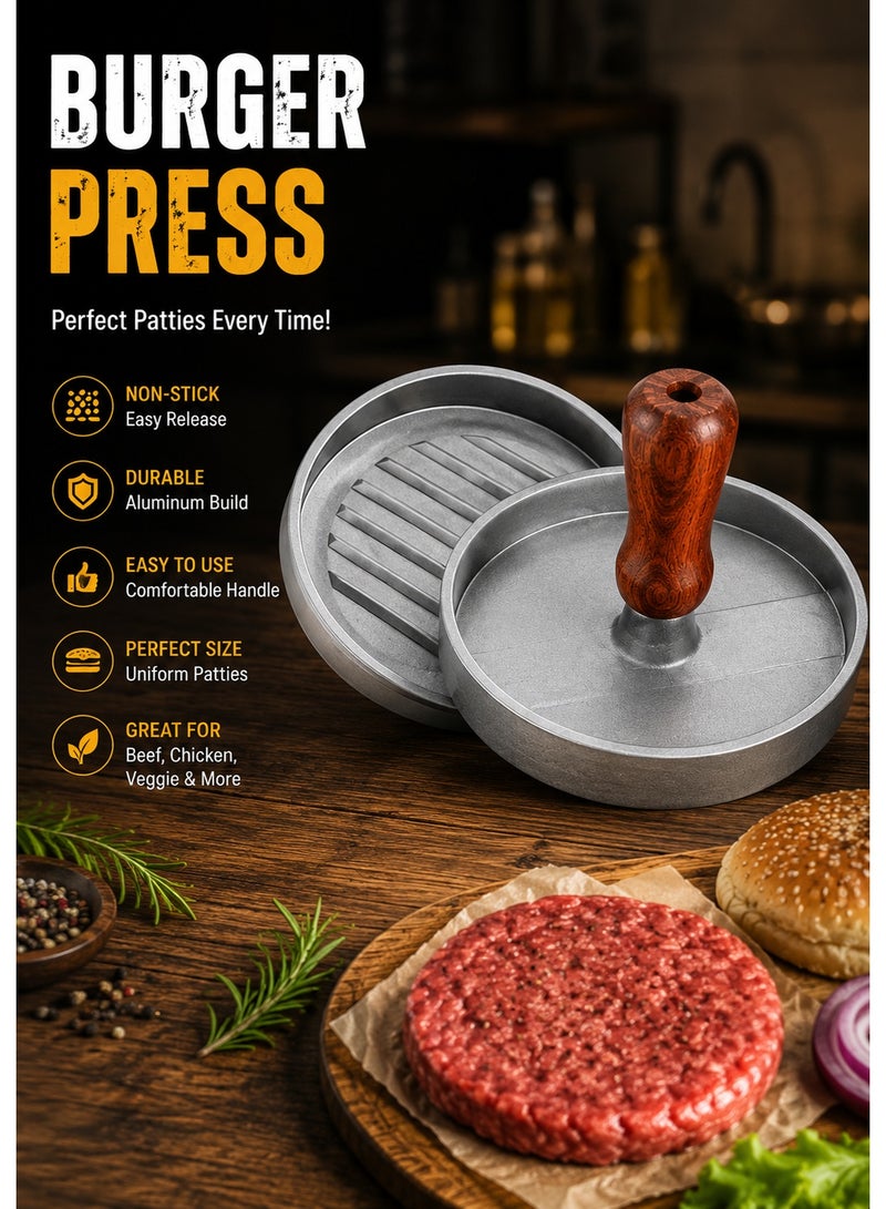 Premium Aluminum Burger Press with Wooden Handle – Non-Stick Round Hamburger Patty Maker for Beef, Chicken & Veggie Burgers – Easy Release BBQ Kitchen Tool - Image 4