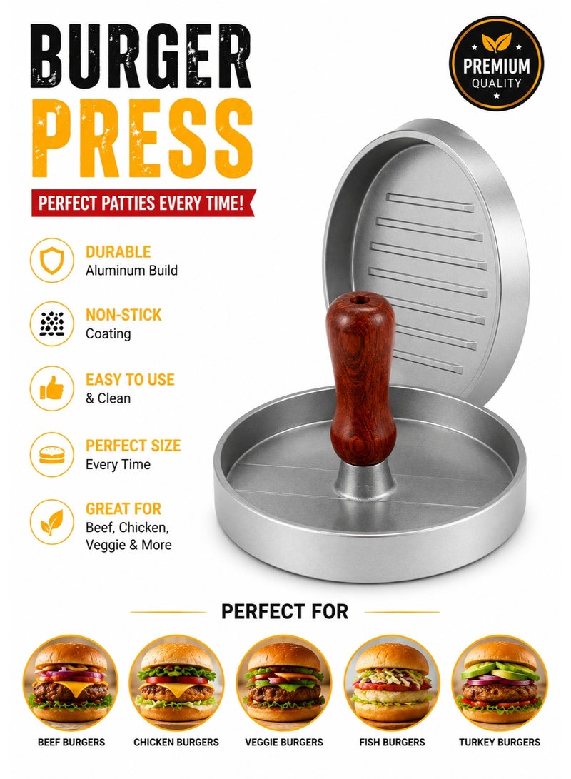 Premium Aluminum Burger Press with Wooden Handle – Non-Stick Round Hamburger Patty Maker for Beef, Chicken & Veggie Burgers – Easy Release BBQ Kitchen Tool - Image 5
