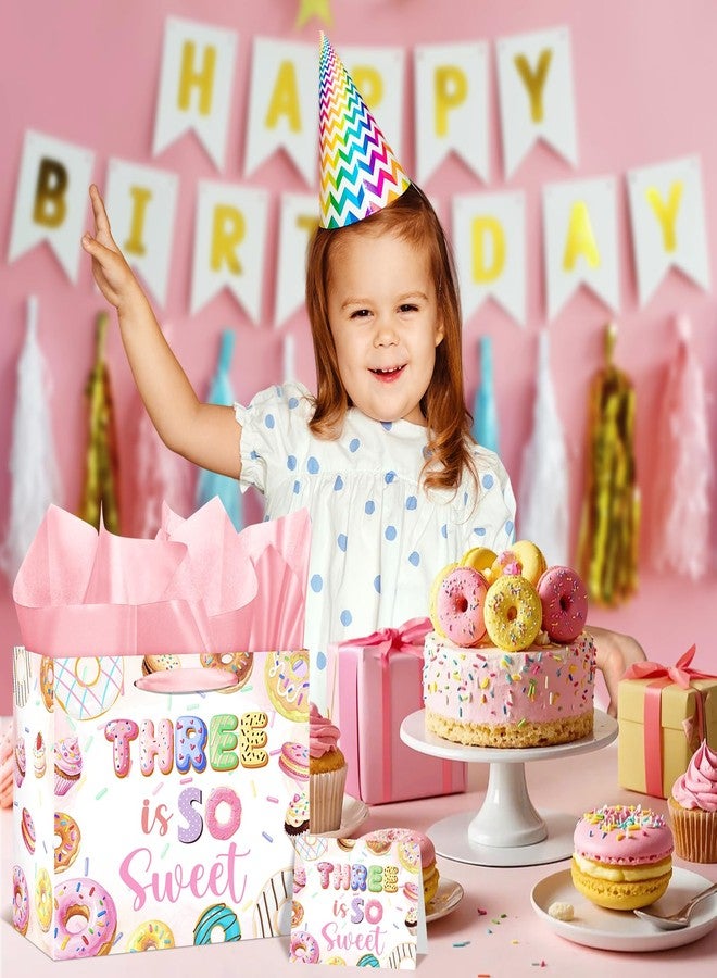Wayyogh Donut 3rd Birthday Gift Bag for Girls Pink Three is so Sweet Wrap Bag Happy Birthday Wrapping Paper Bag with Greeting Card Tissue Paper for 3 Year Old Girl Ice Cream Candy Baby Shower Party Supplies - Image 4