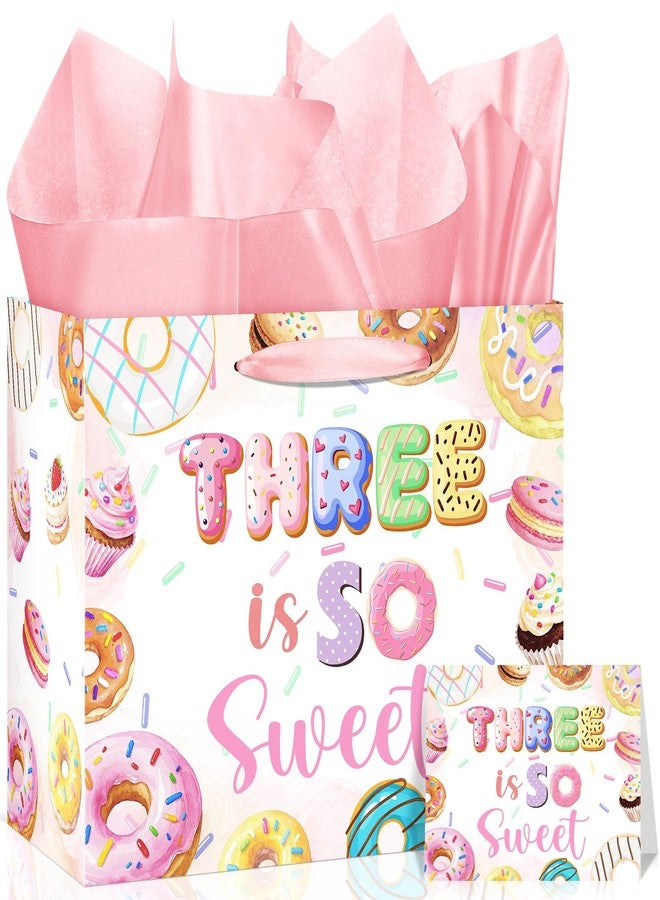 Wayyogh Donut 3rd Birthday Gift Bag for Girls Pink Three is so Sweet Wrap Bag Happy Birthday Wrapping Paper Bag with Greeting Card Tissue Paper for 3 Year Old Girl Ice Cream Candy Baby Shower Party Supplies - Image 1