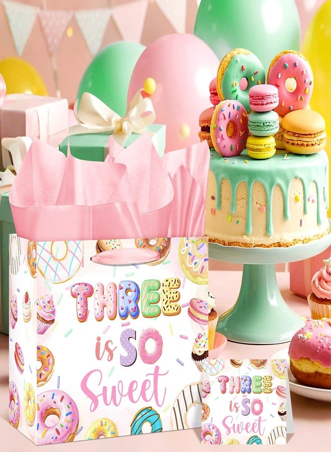 Wayyogh Donut 3rd Birthday Gift Bag for Girls Pink Three is so Sweet Wrap Bag Happy Birthday Wrapping Paper Bag with Greeting Card Tissue Paper for 3 Year Old Girl Ice Cream Candy Baby Shower Party Supplies - Image 2