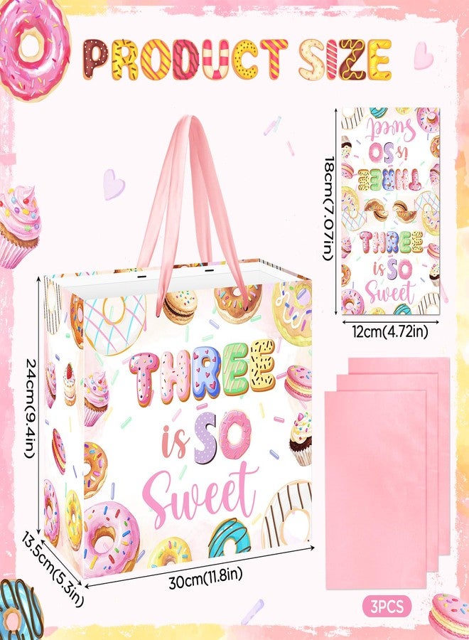 Wayyogh Donut 3rd Birthday Gift Bag for Girls Pink Three is so Sweet Wrap Bag Happy Birthday Wrapping Paper Bag with Greeting Card Tissue Paper for 3 Year Old Girl Ice Cream Candy Baby Shower Party Supplies - Image 3
