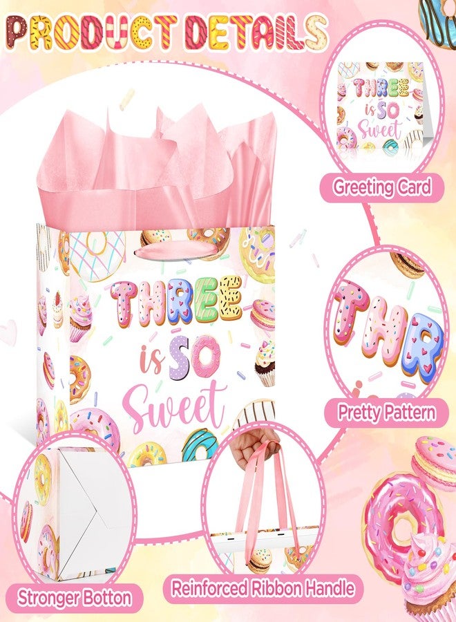 Wayyogh Donut 3rd Birthday Gift Bag for Girls Pink Three is so Sweet Wrap Bag Happy Birthday Wrapping Paper Bag with Greeting Card Tissue Paper for 3 Year Old Girl Ice Cream Candy Baby Shower Party Supplies - Image 5