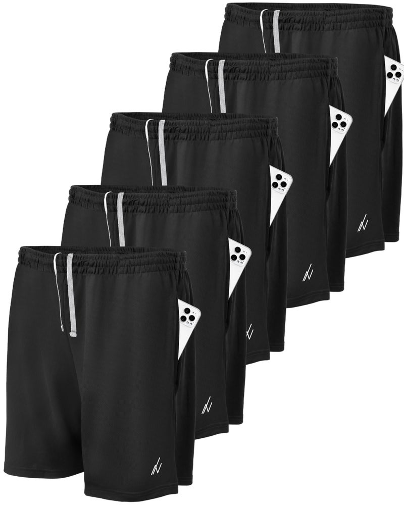 NY Threads 5 Pack Men's Athletic Shorts Quick Dry Loose-Fit Lightweight Running Workout Gym Shorts with Pockets, Large, 5 Black - Image 1
