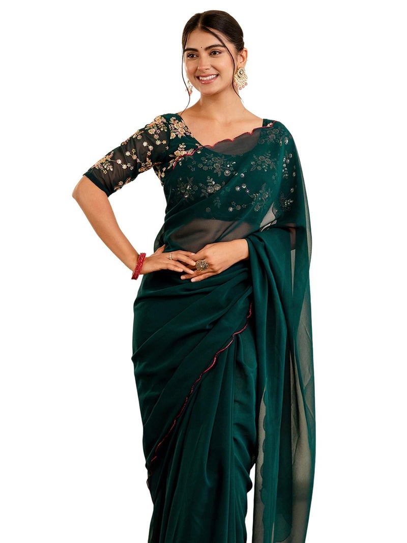 Satrani Women'S Georgette Dyed Scalloped Border Saree With Unstitched Blouse Piece (4619S746N_Rama Green) - Image 1