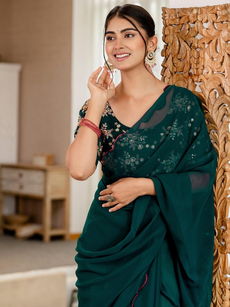 Satrani Women'S Georgette Dyed Scalloped Border Saree With Unstitched Blouse Piece (4619S746N_Rama Green) - Image 4