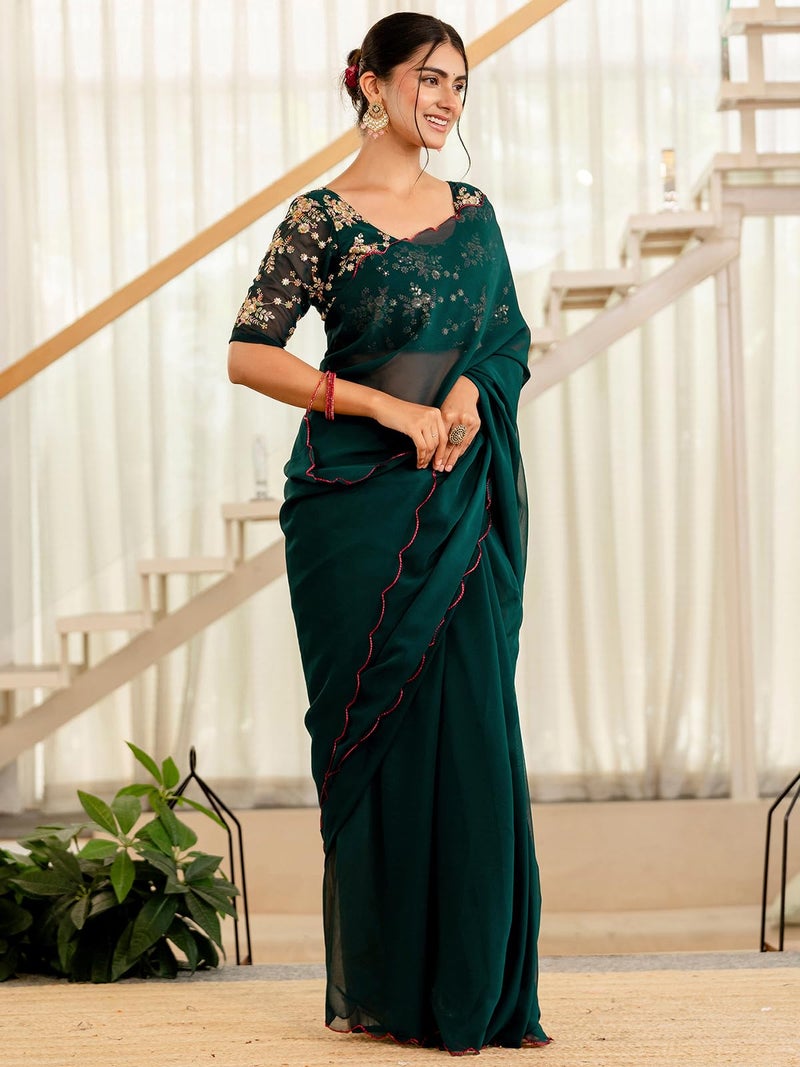 Satrani Women'S Georgette Dyed Scalloped Border Saree With Unstitched Blouse Piece (4619S746N_Rama Green) - Image 2