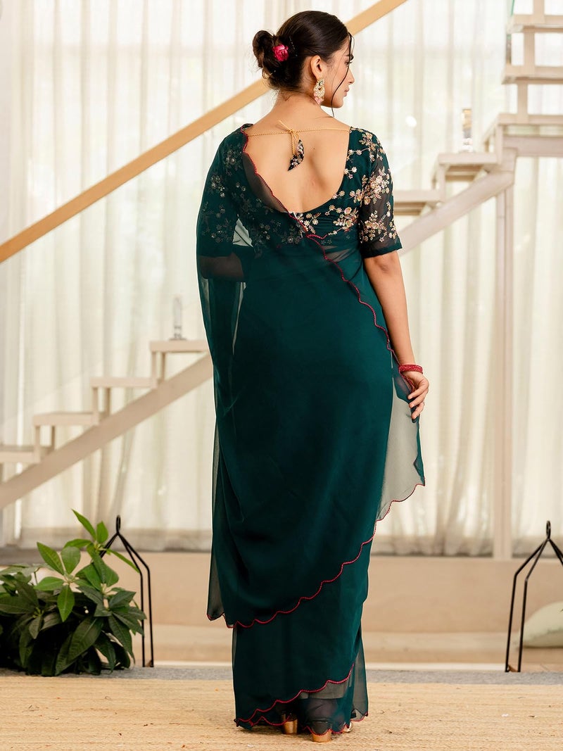 Satrani Women'S Georgette Dyed Scalloped Border Saree With Unstitched Blouse Piece (4619S746N_Rama Green) - Image 3
