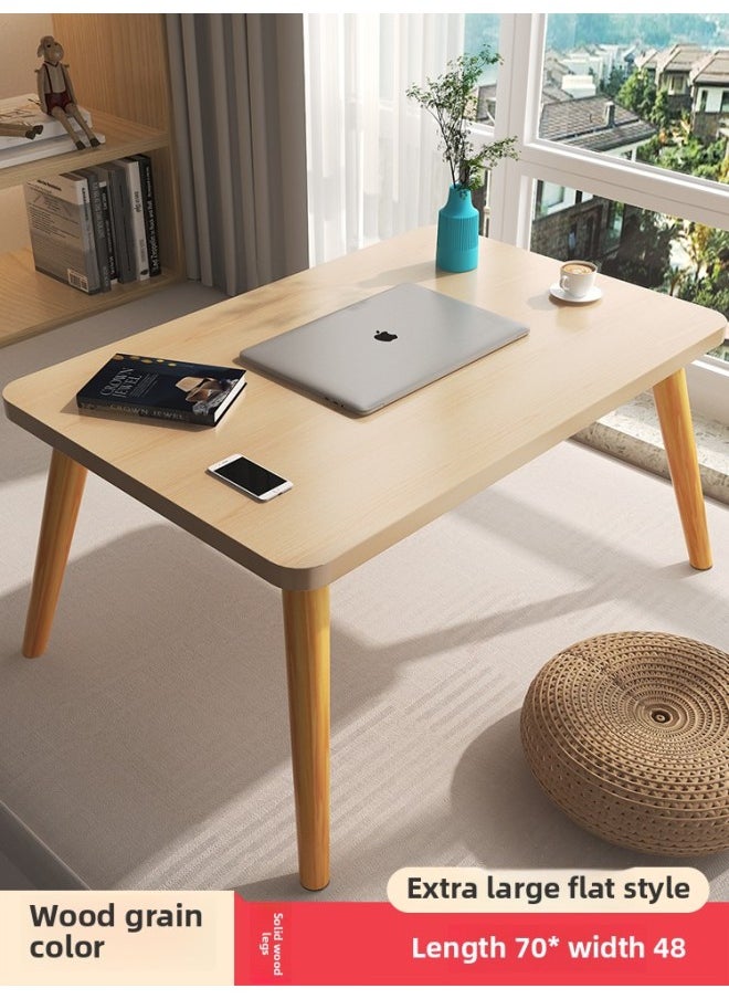 Solid Wood Leg Bed Small Table Home Bedroom Bay Window Learning Writing Office Simple Desk Lazy Computer Table-Color:70*48*50cm [solid Wood Legs] Wood Grain Color  - Image 1