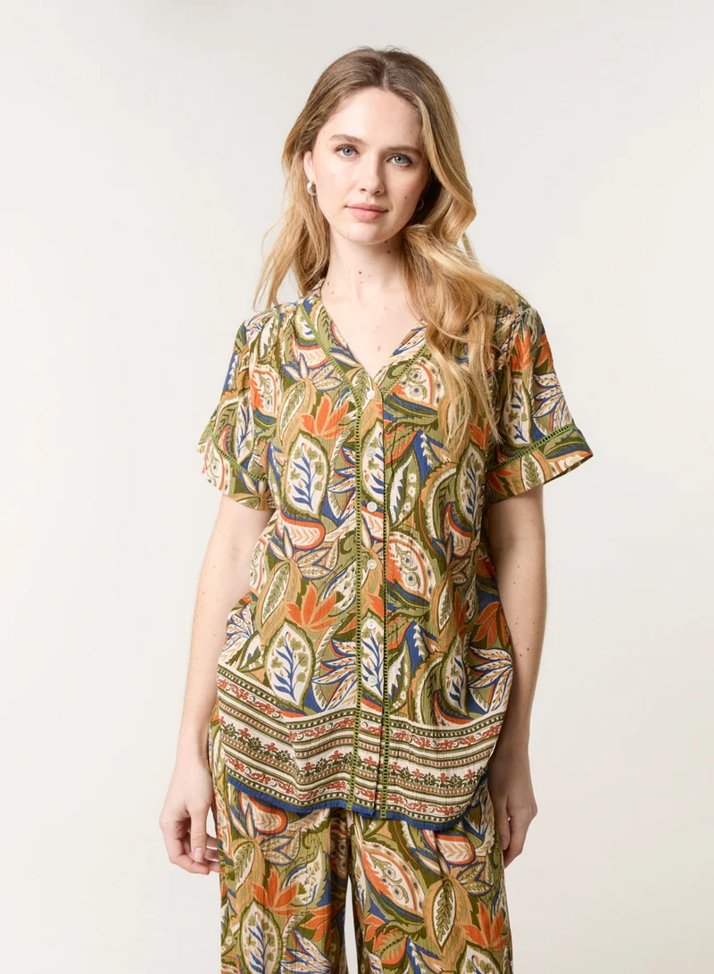 Blue Vanilla Border Print Button Front Top