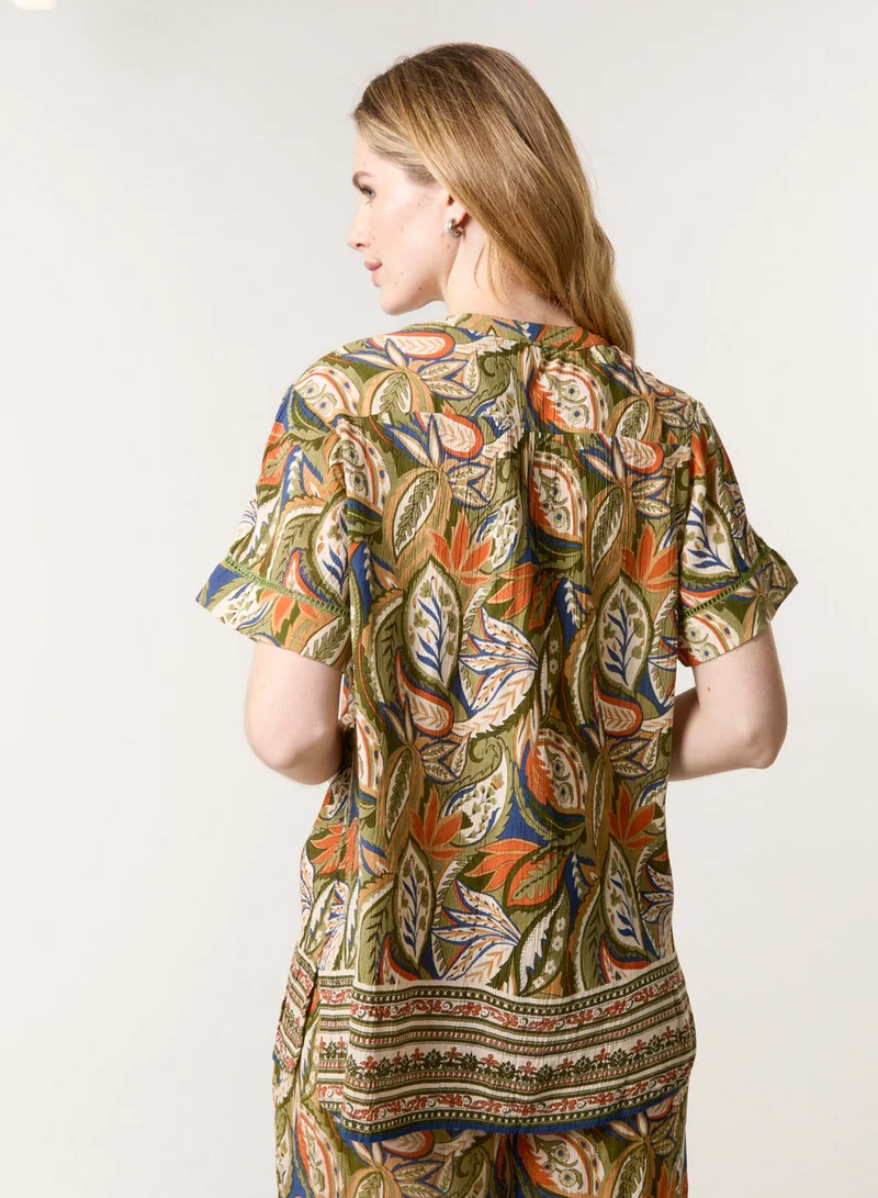 Blue Vanilla Border Print Button Front Top