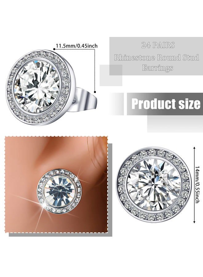 Bonuci 24 Pairs 15 mm Rhinestone Dance Earrings Competition Silver Crystals Stud Earrings Round Cut Cubic Zirconia Rhinestone Halo Stud Earrings for Women Girls Stage Performance Bridal Party, 0.59 inches, - Image 2
