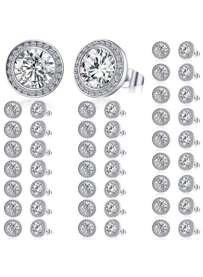 Bonuci 24 Pairs 15 mm Rhinestone Dance Earrings Competition Silver Crystals Stud Earrings Round Cut Cubic Zirconia Rhinestone Halo Stud Earrings for Women Girls Stage Performance Bridal Party, 0.59 inches, - Image 1