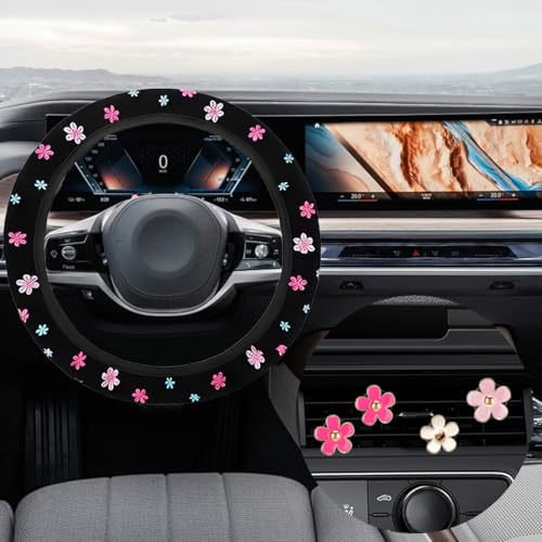 Tuxihapp Cute Embroidered Flower Steering Wheel Cover with 4Pcs Air Vent Clips Universal 1415 Inch Floral Car Wheel Protector for Women Girls Vintage Pink Flowers Car Interior Decoration for SUV Truck - Image 1