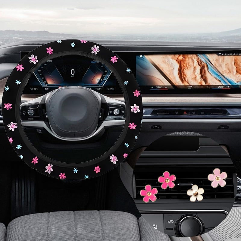 Tuxihapp Cute Embroidered Flower Steering Wheel Cover with 4Pcs Air Vent Clips Universal 1415 Inch Floral Car Wheel Protector for Women Girls Vintage Pink Flowers Car Interior Decoration for SUV Truck - Image 3