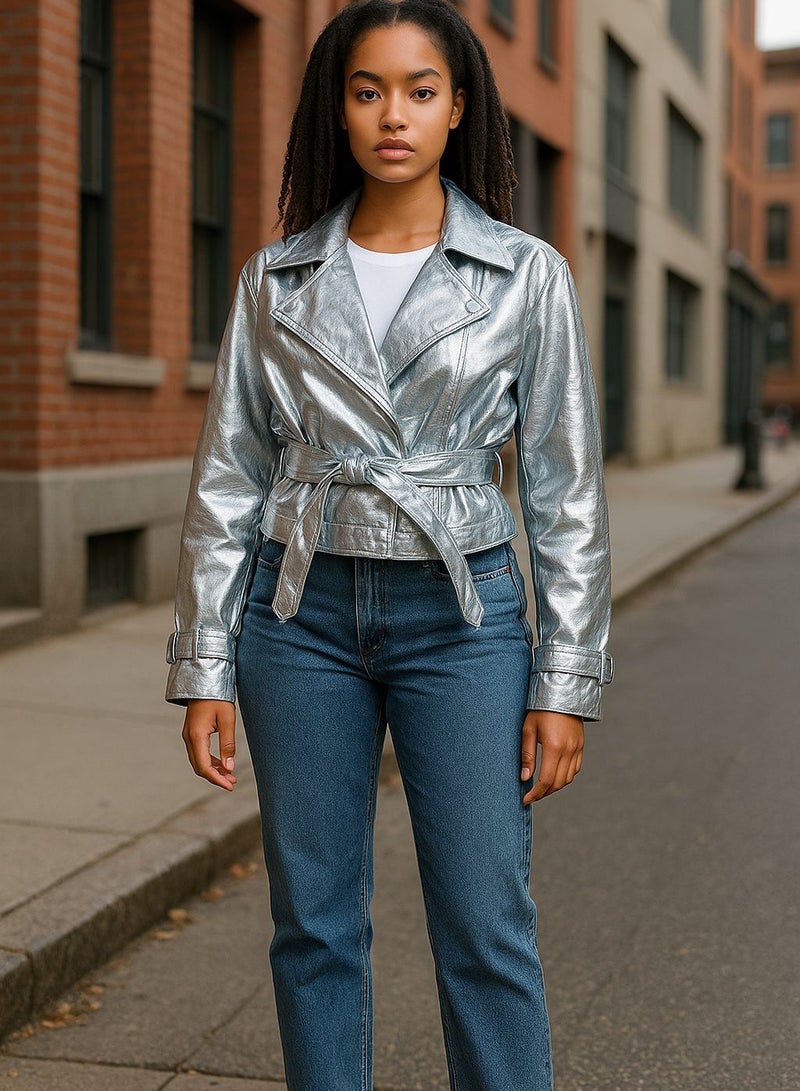 Women oversized short  belted silver metallic leather jacket