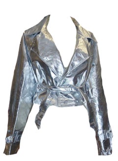 Generic Women oversized short  belted silver metallic leather jacket  - Image 1