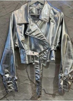 Generic Women oversized short  belted silver metallic leather jacket  - Image 2