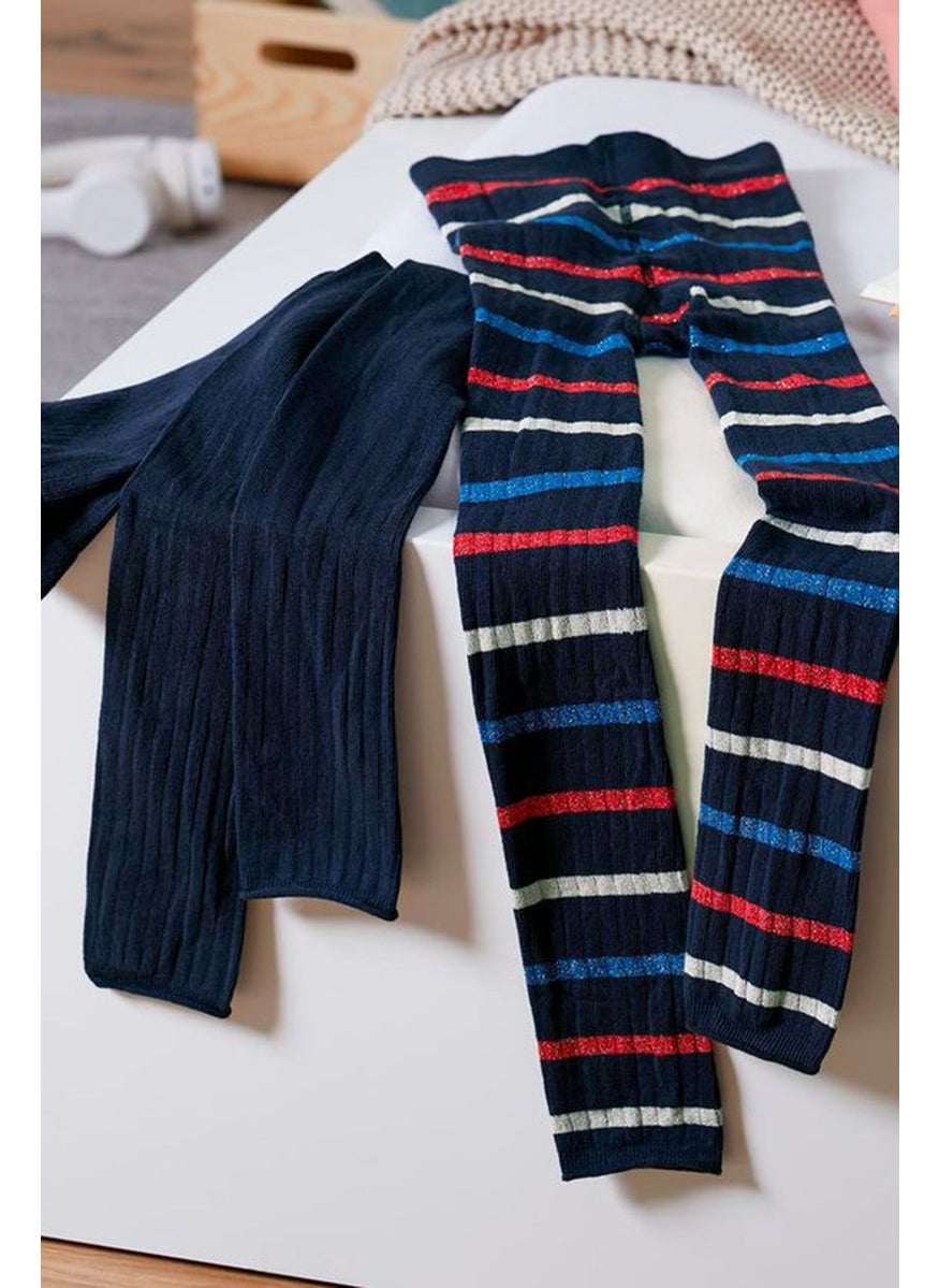 Tchibo Kids Girl 2 Pcs Stripe Pull On Leggings, Navy Combo  - Image 1