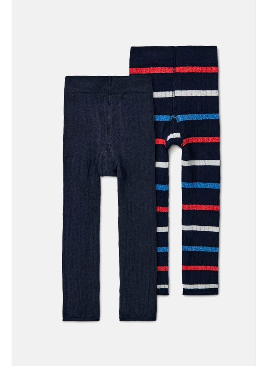Tchibo Kids Girl 2 Pcs Stripe Pull On Leggings, Navy Combo  - Image 2