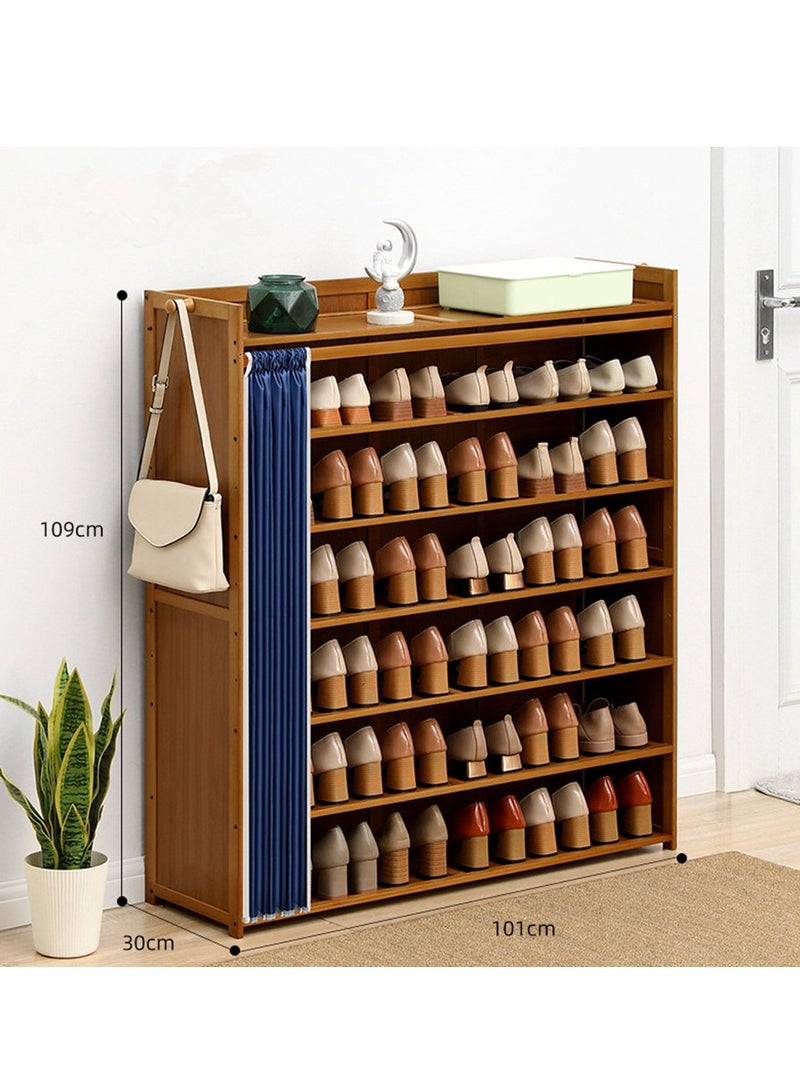 Golden Shoe Rack Organizer with Dustproof Cover, Rectangle Bamboo Free Standing Shoe Storage Cabinet, 7 Tier Shoes Shelf for Entryway Living Room (101 * 30 * 109cm) - Image 2