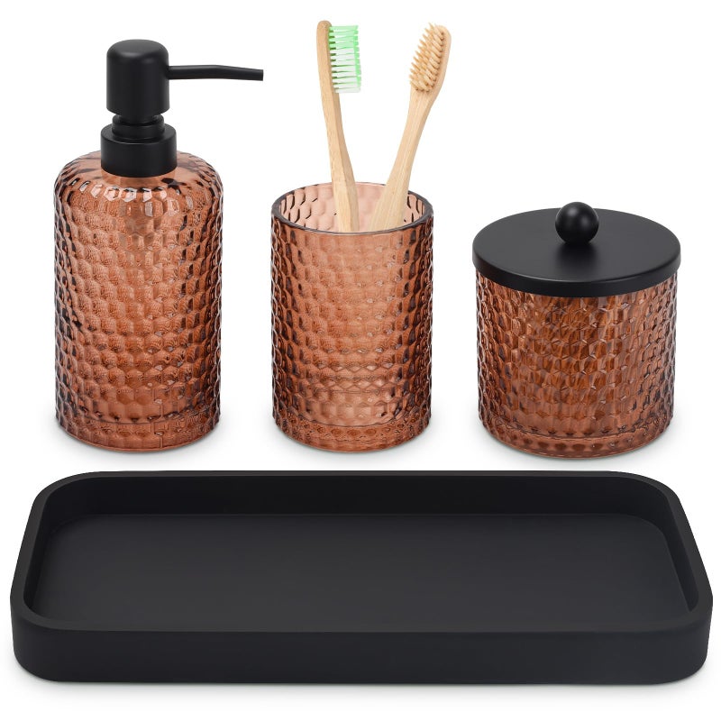 Bathroom Accessories Set4 Pcs Amber Glass Bathroom Accessories SetsLotion Soap DispenserToothbrush HolderQtip Holder Dispenser  Resin Vanity TrayCountertop Vanity OrganizerAmber