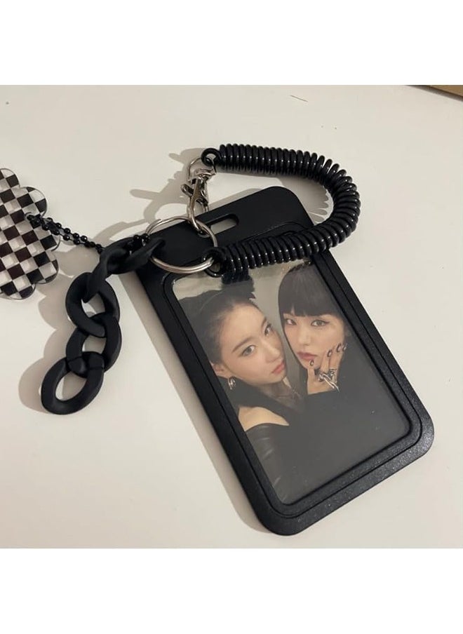 Harse Acrylic Photocard Holder Keychain ID Badge Holder with Spiral Wrist Coil Transparent Waterproof Protector for School Office Access Card Women Girls（Black）  - Image 1
