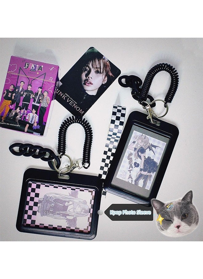 Harse Acrylic Photocard Holder Keychain ID Badge Holder with Spiral Wrist Coil Transparent Waterproof Protector for School Office Access Card Women Girls（Black）  - Image 3