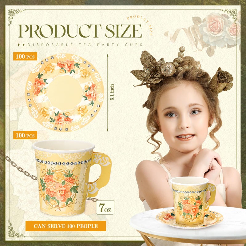Nuogo 200 Pcs Floral Paper Tea Cups and Saucers 7 oz Disposable Tea Party Decorations Vintage Cute Paper Tea Cups and Plates with Handles for Girls Wedding Baby Bridal Shower Birthday  Serve 100 - Image 2