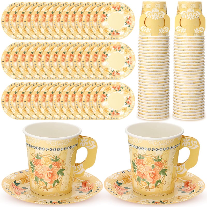 Nuogo 200 Pcs Floral Paper Tea Cups and Saucers 7 oz Disposable Tea Party Decorations Vintage Cute Paper Tea Cups and Plates with Handles for Girls Wedding Baby Bridal Shower Birthday  Serve 100 - Image 1