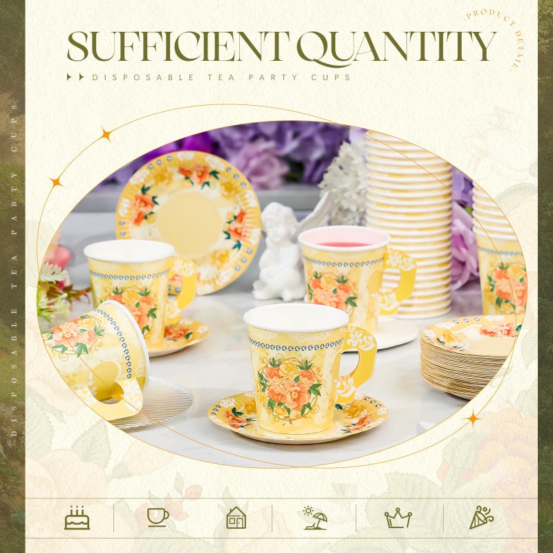 Nuogo 200 Pcs Floral Paper Tea Cups and Saucers 7 oz Disposable Tea Party Decorations Vintage Cute Paper Tea Cups and Plates with Handles for Girls Wedding Baby Bridal Shower Birthday  Serve 100 - Image 4