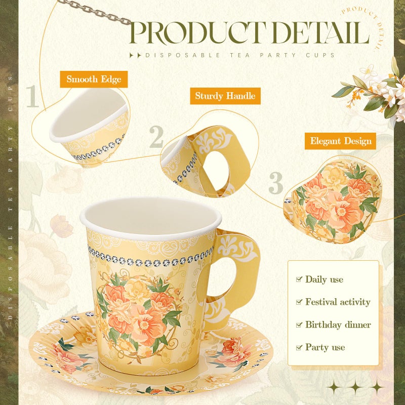 Nuogo 200 Pcs Floral Paper Tea Cups and Saucers 7 oz Disposable Tea Party Decorations Vintage Cute Paper Tea Cups and Plates with Handles for Girls Wedding Baby Bridal Shower Birthday  Serve 100 - Image 3
