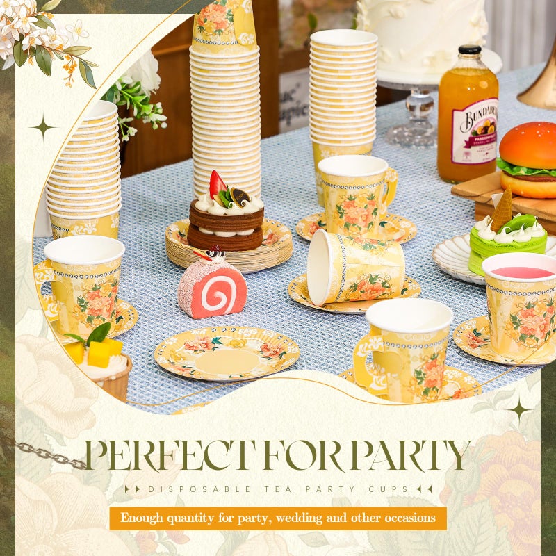 Nuogo 200 Pcs Floral Paper Tea Cups and Saucers 7 oz Disposable Tea Party Decorations Vintage Cute Paper Tea Cups and Plates with Handles for Girls Wedding Baby Bridal Shower Birthday  Serve 100 - Image 5