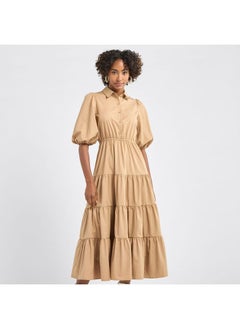 FAV Plain Tiered Shirt Dress with Puff Sleeves  - Image 1