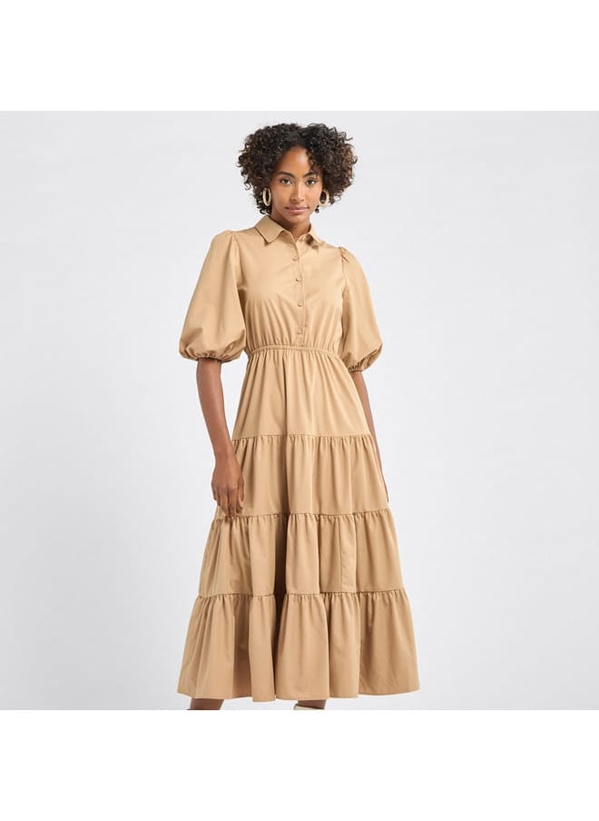 FAV - Plain Tiered Shirt Dress with Puff Sleeves - Image 1