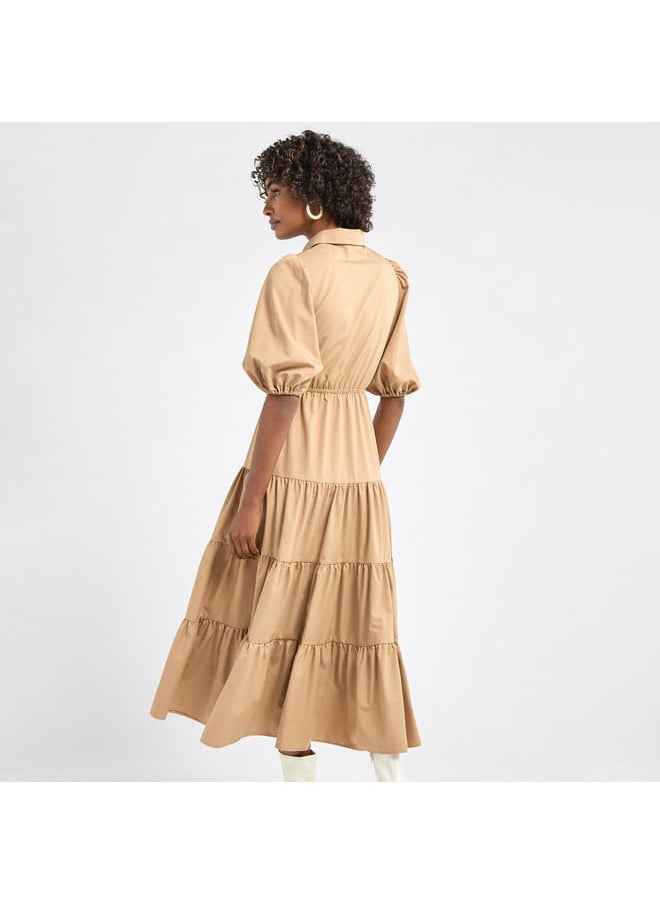 FAV - Plain Tiered Shirt Dress with Puff Sleeves - Image 1