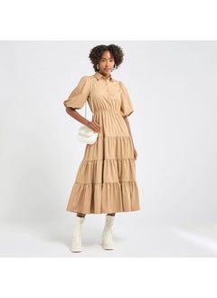 FAV Plain Tiered Shirt Dress with Puff Sleeves  - Image 2