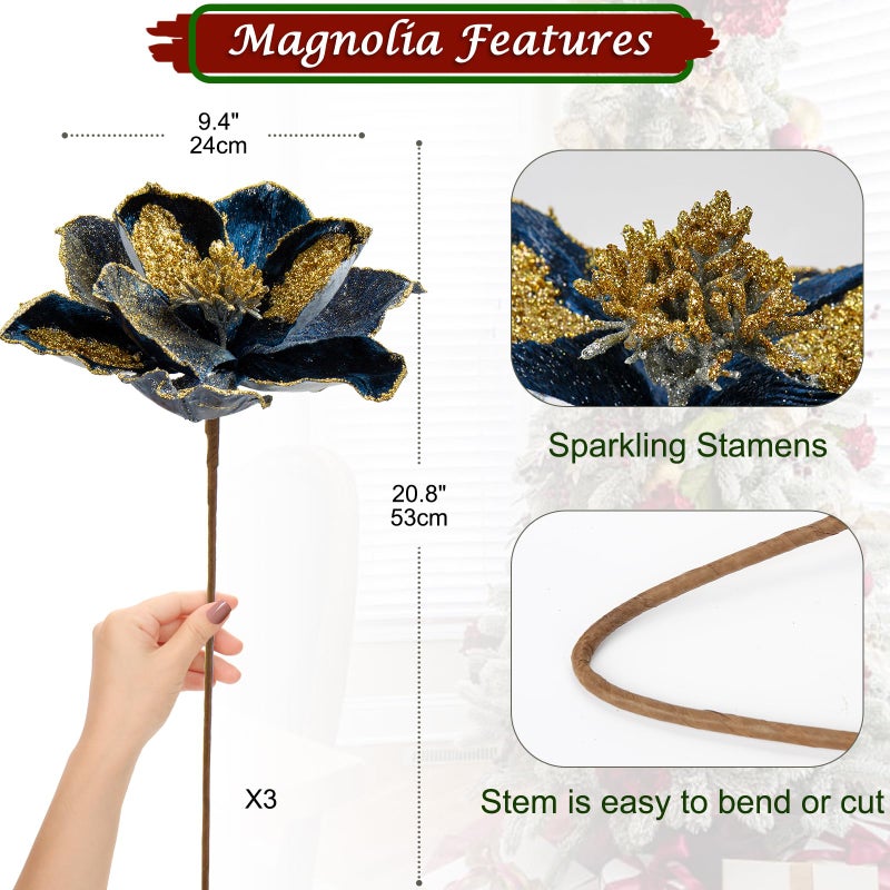 Briful زهور ماغنوليا برايفول الكبيرة 10 رؤوس زينة عيد الميلاد مع لمسة من الجليتر مجموعة من 3 زهور صناعية مع أعواد سيقان لتزيين شجرة عيد الميلاد باللون الأبيض والذهبي - Image 3