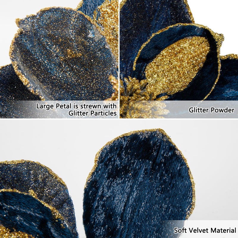 Briful زهور ماغنوليا برايفول الكبيرة 10 رؤوس زينة عيد الميلاد مع لمسة من الجليتر مجموعة من 3 زهور صناعية مع أعواد سيقان لتزيين شجرة عيد الميلاد باللون الأبيض والذهبي - Image 4