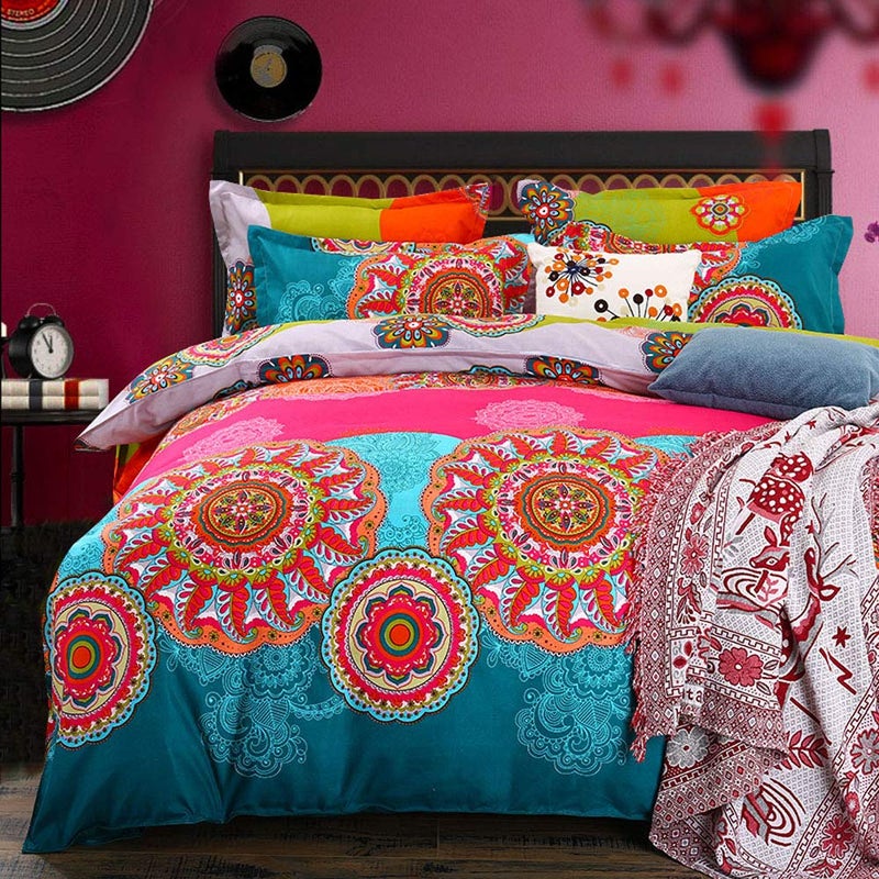 Pangzi Bohemian Duvet Cover King Size,Microfiber Bedding Comforter Cover Set,Boho Colorful Retro Print Duvet Cover King Rose Pink - Image 1