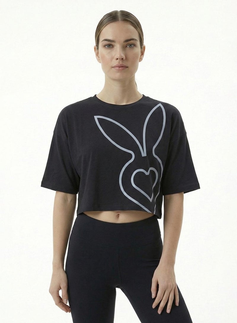Cardio Bunny تي شيرت نسائي قصير واسع بطباعة جرافيك وأكتاف منسدلة - Image 1