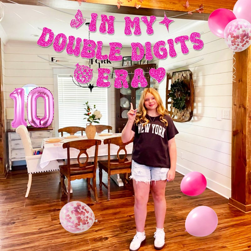 Roaring Good Time 10th Birthday Decorations Pink In My Double Digits Era Banner Double Digits Birthday Happy 10th Birthday Decorations for Number 10 Balloon Girls Boys Double Digits Party Supplies - Image 4