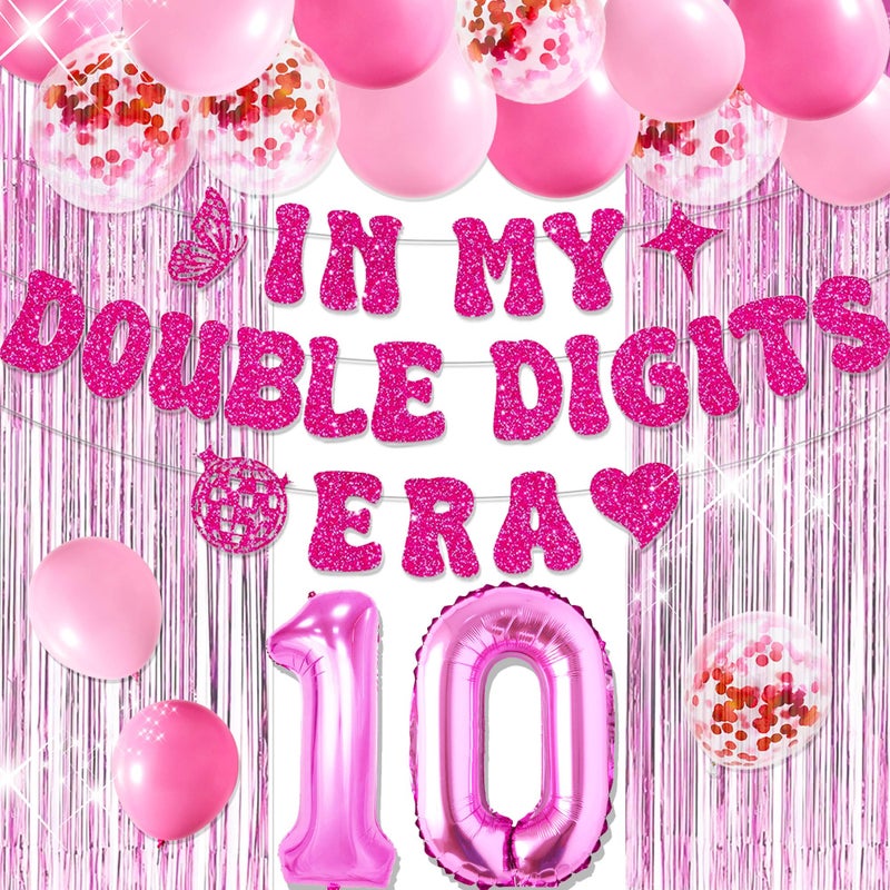 Roaring Good Time 10th Birthday Decorations Pink In My Double Digits Era Banner Double Digits Birthday Happy 10th Birthday Decorations for Number 10 Balloon Girls Boys Double Digits Party Supplies - Image 1