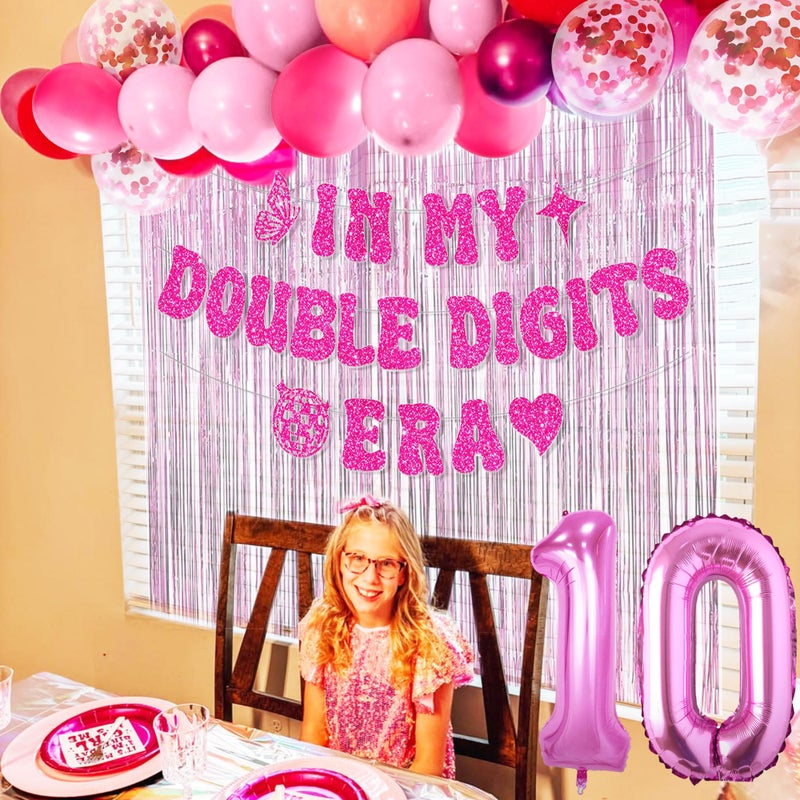 Roaring Good Time 10th Birthday Decorations Pink In My Double Digits Era Banner Double Digits Birthday Happy 10th Birthday Decorations for Number 10 Balloon Girls Boys Double Digits Party Supplies - Image 3